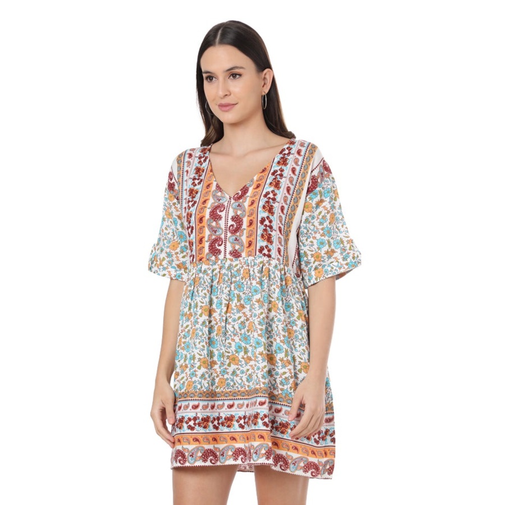 Myra Bag Boho Floral Mini Dress in White, Blue, Mustard, and Rust